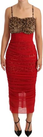 Dolce & Gabbana Brown Leopard Red Tulle Sheath Midi Womens Dress