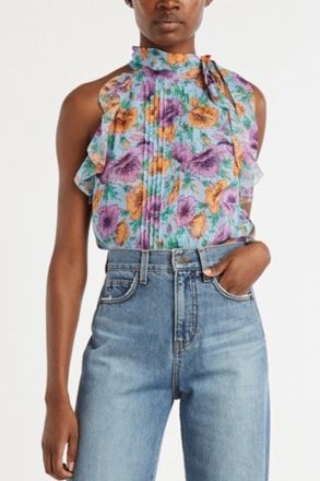 Veronica Beard Dali Sleeveless Top In Lake Blue Multi Floral Print