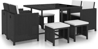 vidaXL Set Comedor De Jard&iacute;n 9 Piezas Y Cojines Rat&aacute;n Sint&eacute;tico Negro Vidaxl