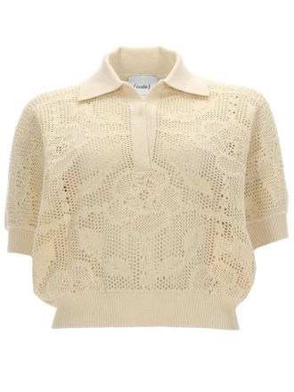 Nude Open-Knit Cropped Short-Sleeve Cotton Polo Shirt