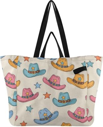 Generic Western Cowboy Star Beige pattern Reusable Canvas Tote Bag, Heavy Duty Grocery Shopping Bag with Large Capacity Hard Bottom Double Handles Work Grocer