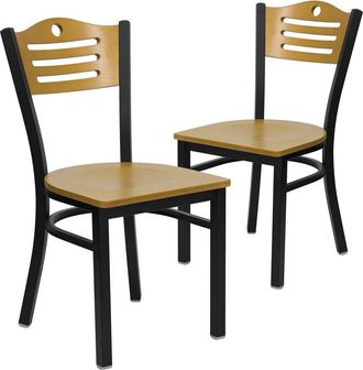 Flash Furniture 2 Pk. Black Slat Back Metal Restaurant Chair - Natural Wood Back & Seat