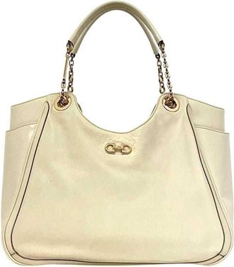 Ferragamo Gancini Cream White Leather Tote Bag (Pre-Owned)