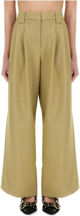 Ganni Appliqu&eacute; Palazzo Broek - Dames - Wijde Broeken - Beige - S - Linnen - Broeken