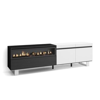 Skraut Home Mueble tv efecto madera blanco negro 200x35x57cm chimenea efecto fuego