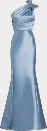 Amsale One-Shoulder Bow Mikado Gown