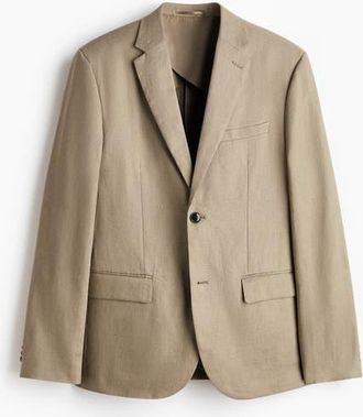 H&M Slim Fit Linen Jacket in Khaki Green at Nordstrom, Size 46