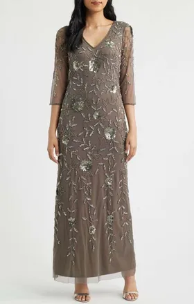 Pisarro Nights Sequin & Bead Gown in Mocha at Nordstrom, Size 16