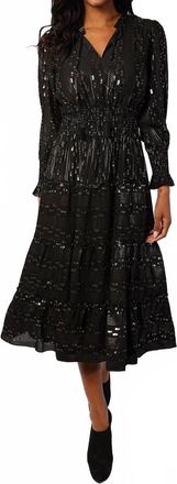 Sail to Sable Smocked Waist Midi Dress In Lurex Clip Dot Black/gold