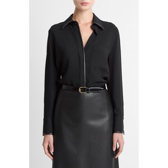Vince Faux Leather Trim Button-Up Shirt in Black at Nordstrom Rack, Size Xx-Small