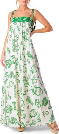Flying Tomato Shoulder Tie Print Maxi Dress in Ivory Green at Nordstrom Rack, Size Medium