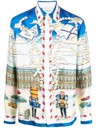 Casablanca graphic-print silk shirt - men - Silk - L - Blue