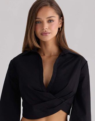 House of CB Ivara - Camicia corta a maniche lunghe nera in cotone-Nero
