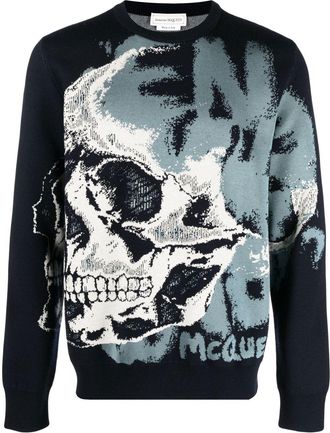 Alexander McQueen skull-motif jacquard jumper - men - Viscose/Cotton/Wool - L - Blue