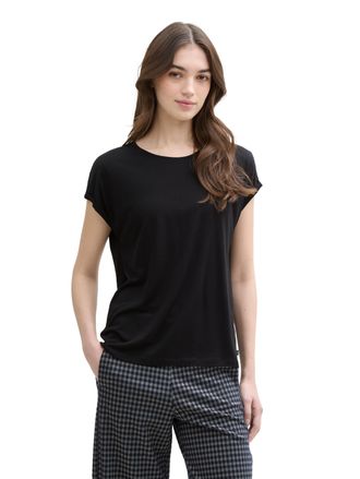 Tom Tailor Denim T-Shirt TOM TAILOR DENIM, Damen, Gr. L (40), schwarz, Jersey, Obermaterial: 73% Viskose, 27% Polyester, loose fit taillenbedeckt, Rundhals, Shirts T-S