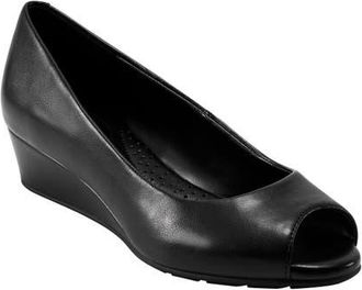 Bandolino Peep Toe Wedge Pump in Black Smooth at Nordstrom, Size 5.5
