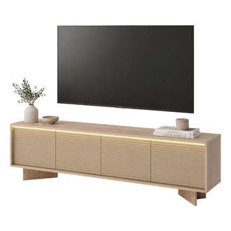 Dmora Mueble Porta Tv Kame, Un Estante, 4 Puertas, Efecto Listado Con Led, 204x40x54h Cm, Marr&oacute;n Roble