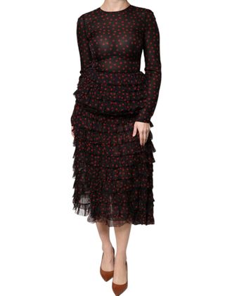 Dolce & Gabbana Black Red Polka Dot Silk Layered Midi Womens Dress