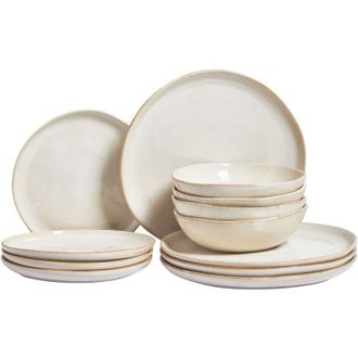 Beliani Set di 12 stoviglie in gres caolino fatto a mano con smalto reattivo Finitura Beige chiaro Hops