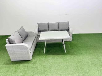 Fimous Outdoor Rattan Garden Furniture Set Rectangular Dining Table Sofa Set in Light Grey