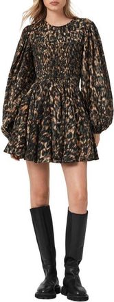 AllSaints Chia Smock Bodice Long Sleeve Cotton Blend Minidress in Prowl Golden Brown at Nordstrom, Size 6 Us