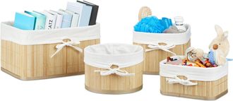 Relaxdays Set De 16 Cestas De Almacenaje De Bamb&uacute;, Caja Para Estanter&iacute;a Y Armario, Cestitas Ba&ntilde;o, 4 Tama&ntilde;os, Natural