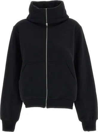 7 For All Mankind Black Cropped High-Neck Cotton Zip-Up Sweatshirt