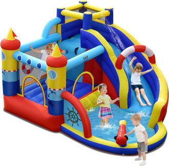 Costway Costway Castillo Inflable/parque Acu&aacute;tico Forma De Barco 6 En 1 Con Tobog&aacute;n Curvado, &Aacute;rea Para Saltar, Pared Para Escalar, Piscina, Blanco E Hidrante 