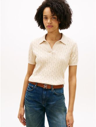 Tommy Hilfiger Womens Short-Sleeve Cable Knit Sweater Polo - Brown - XXL