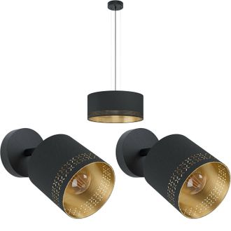 Loops Ceiling Pendant Light & 2x Matching Wall Lights Black & Gold Round Fabric Shade