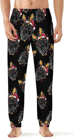 Generic Ice Hockey Christmas Santa Sports Player Mens Pajama Pants Soft Loungewear Bottoms Lightweight Sleepwear