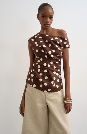 Topshop Polka Dot Print Off the Shoulder Top in Brown Multi at Nordstrom, Size 14