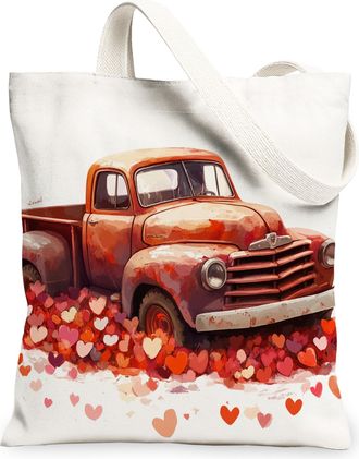 Generic Vintage Truck Canvas Tote Bags, Romantic Hearts Pattern Reusable Grocery Bags, Lightweight Washable Shoulder Strap Canvas for Outdoor Travel Beach Pic