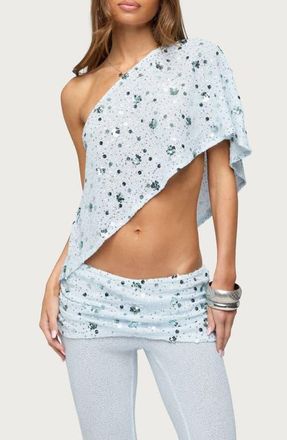 Edikted Zephyra Sequin One-Shoulder Top in Light-Blue at Nordstrom, Size X-Large