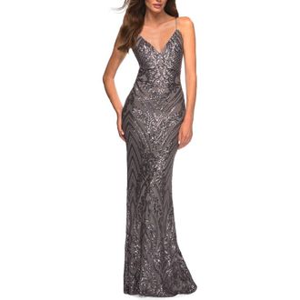 La Femme Print Sequin Gown in Jewel Tones with V Neckline in Gunmetal at Nordstrom, Size 12