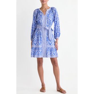Vineyard Vines Print Tie Waist Long Sleeve Dress in Floral Breaker Blue at Nordstrom, Size X-Large