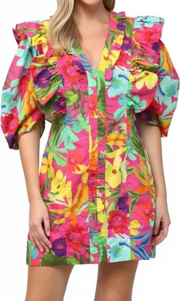 Fate Tropical Dramatic Sleeve Dress In Hot Pink Multi