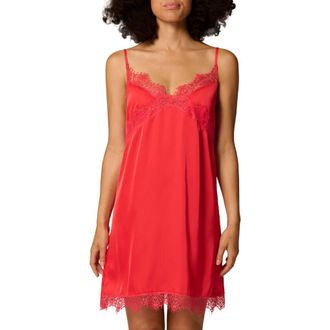 Simone P&eacute;r&egrave;le Lace Trim Satin Chemise in Flamingo at Nordstrom, Size X-Small