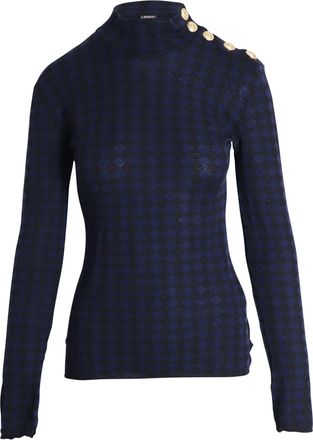 Balmain Studded-Shoulder Diamond Print Long Sleeve Top in Multicolor Wool