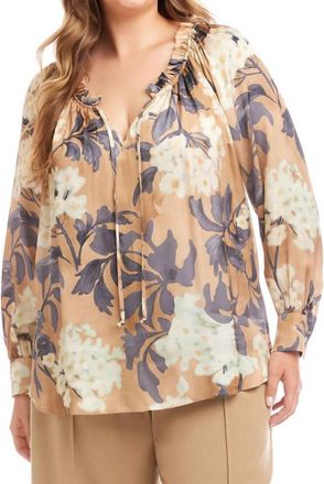 Karen Kane Long Sleeve Ruffle Neck Peasant Top - Plus In Print