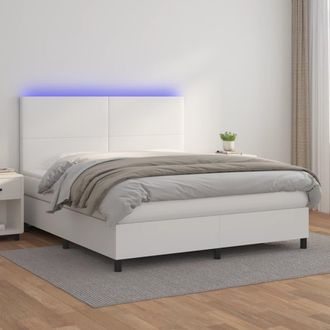 vidaXL Vidaxl - Cama Box Spring Colch&oacute;n Y Led Cuero Sint&eacute;tico Blanco 180x200 Cm