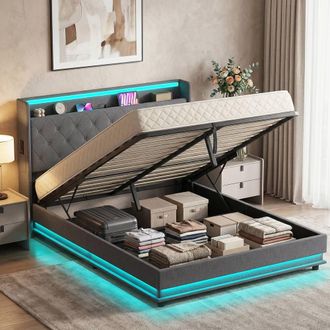 HOMCOM Lift up Storage Bed Frame with RGB LED Lights, 150 x 200cm, Dark Grey | Size: King