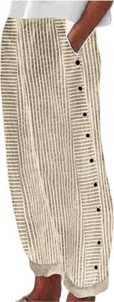 Generic Summer Pants for Women 2025 Striped Print Side Button Straight Wide Leg Palazzo Pants Casual Lounge Trousers Pockets Khaki,XXL