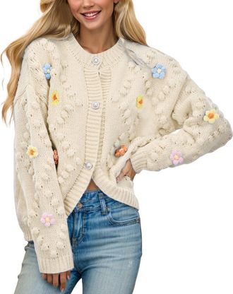 Generic Womens Cute Cable Knit Open Front Cardigan Flower Embroidery Long Sleeve Button Crocheted Sweater Coat Outwear (White, One Size)