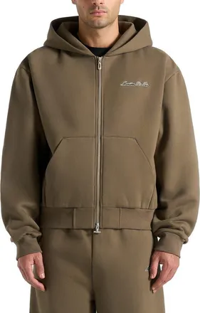 Mani&egrave;re De Voir Unisex Signature Relaxed Fit Zip Hoodie in Olive at Nordstrom, Size Xx-Small