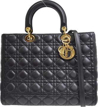 Dior Vintage Lady Dior Cannage Quilt Lambskin Black Leather Handbag (Pre-Owned)