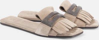 Brunello Cucinelli Fringed suede slippers