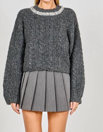 endless rose Jewel Embroidered Cable Knit Chunky Sweater In Charcoal