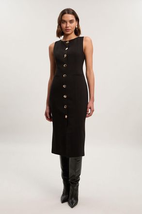 Karen Millen Womens Compact Essential Button Pencil Midi Dress - Black - Size 16 UK