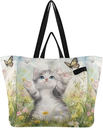 Generic Gray Cat Butterfly Flowers pattern Reusable Canvas Tote Bag, Heavy Duty Grocery Shopping Bag with Hard Bottom Large Capacity Double Handles Work Groce